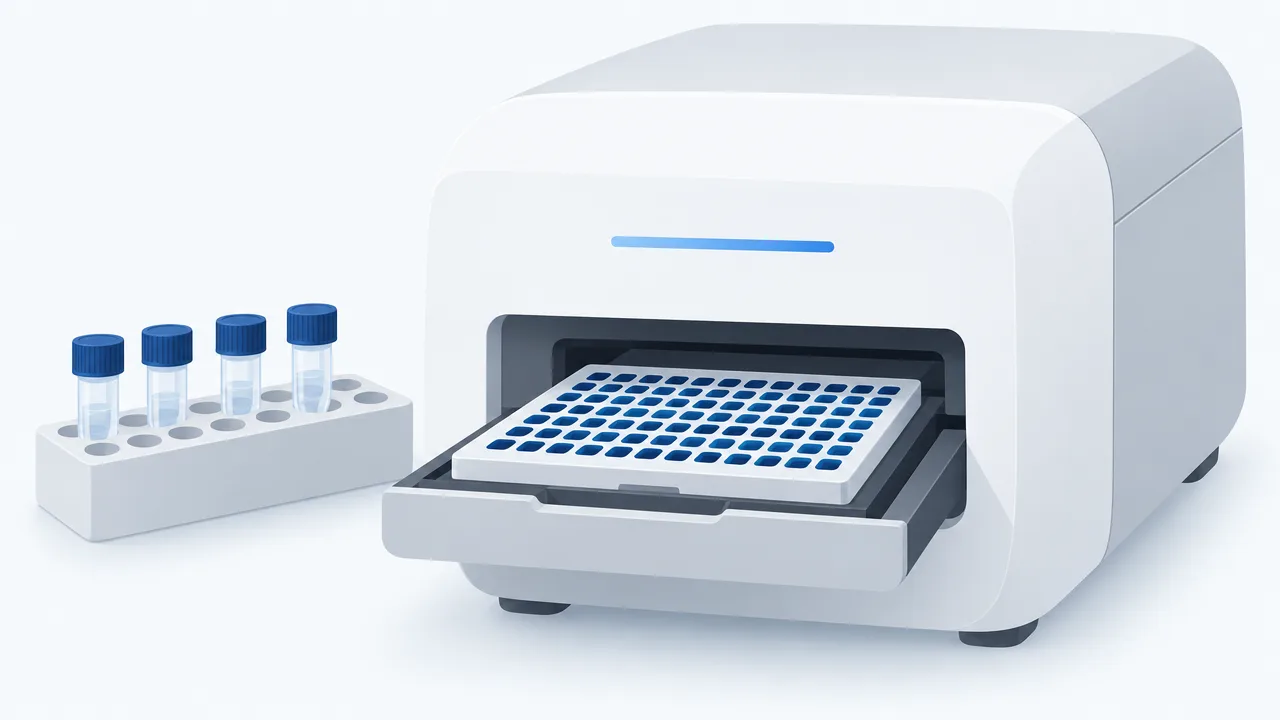 Ilustración de una placa de genotipado entrando en un equipo de laboratorio (imagen generada con IA)